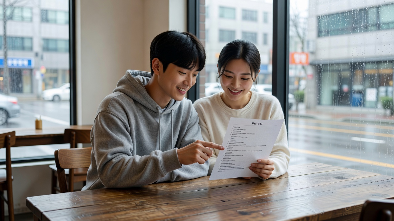 비 오는 날 서울 데이트 목차를 확인하는 커플
